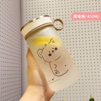 吸管水杯女学生韩版可爱高颜值耐热玻璃杯带盖耐高温便携杯子ins 简笔熊-450ml不含吸管 单杯