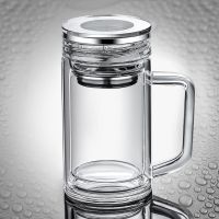 双层玻璃杯透明加厚耐热带把泡茶杯家用防烫水晶杯大容量办公杯 360ml银圈盖