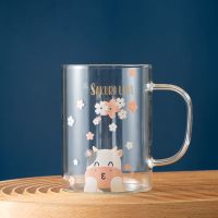 高硼硅玻璃水杯子女生ins高颜值夏天用透明吸管杯学生家用马克杯 运输装(单杯子) 450ml 小牛与樱花杯