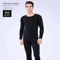 男士保暖内衣加绒加厚圆领套装自发热恒温秋衣秋裤打底衫潮大码 黑色(加绒套装) M (90-100斤)身高160内