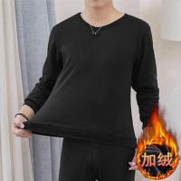 男士保暖内衣男套装加绒加厚冬青少年学生V圆领大码防寒秋衣秋裤 [加绒]圆领黑色(上衣单件) M 建议体重:80-100斤