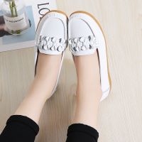 真皮软底豆豆鞋防滑平底女鞋中跟护士上班工作鞋单鞋牛筋底妈妈鞋 白色 35