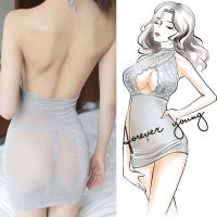性感透明蕾丝亮丝夜店情趣内衣内裤女免脱婚纱套装制服诱惑露乳骚 适合80-115斤 灰色公主制服