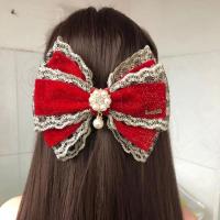 新款韩版刺绣大蝴蝶结弹簧夹顶夹马尾夹甜美多层发饰 大红色C1 8厘米弹簧家