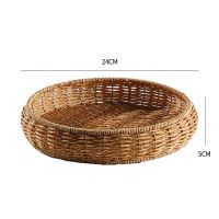 仿藤编托盘欧式 桌面茶几收纳篮子梳妆台面整理筐 洗漱用品筐长方 浅咖色圆形24*5cm