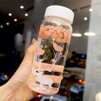韩版创意樱花磨砂玻璃杯便携可爱女学生水杯韩国水瓶清新随行杯子 透明麋鹿 单杯