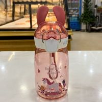 杯子女韩版儿童弹跳带吸管可爱大小号塑料杯幼儿园小学生防摔水杯 萌兔吸管杯小号400ml-红色 单杯子[无]
