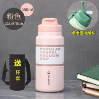 保温杯便携外出大容量儿童吸管式保温杯女小学生可爱磨砂潮流杯子 粉色[吸管壶]304内胆 650ML[背带杯套+杯刷]