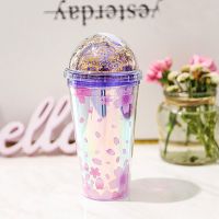 韩式新款卡通双层夏日七彩冰杯待吸管创意潮流男女学生情侣塑料杯 七彩夜樱