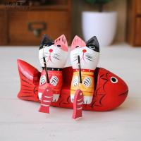 北欧乡村木质彩绘钓鱼情侣小猫客厅店铺橱窗柜搁板装饰摆件礼物 小号对锚钓鱼