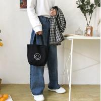 ins元气女孩插画便当帆布袋笑脸学生零钱手机百搭手提包饭盒袋 黑色笑脸英文