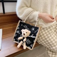 日系麻布包女包2021新款潮韩版百搭卡通少女包包上班小便当手提包 图案1涂鸦黑(收藏关注优先发货)