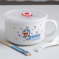 学生饭盒不锈钢碟子陶瓷微波炉专用碗餐具套装三件套饭缸碗筷可爱 卡通泡面杯(送勺筷)蓝猫C款