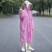 [牛津布]中小学生雨衣带书包位加厚长款全身连体大童雨衣雨裤套 双帽檐儿童红色卡通雨衣 L