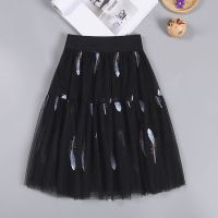 童装女童半身裙春夏儿童网纱裙长裙女中大童蓬蓬裙羽毛A字裙短裙 黑色 100