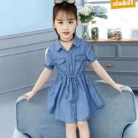 女童连衣裙2021春秋款儿童洋气连衣裙免沙洗牛仔裙中长款公主裙 天蓝色短袖 110码适合身高100cm