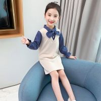 童装女童秋装连衣裙新款儿童假两件套公主裙小女孩裙子春秋洋气潮 领结连衣裙蓝色 80码(建议身高50)