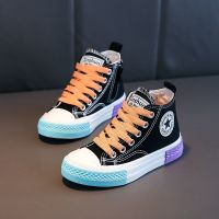 2021秋冬新款加绒儿童高帮帆布鞋女童棉鞋男童二棉鞋小学生鞋子潮 黑橙 24 内长16.5cm