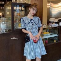 九月开学季衣服娃娃领泡泡袖格子连衣裙女夏装2021新款温柔风裙子 蓝色格子 S 建议体重85-95斤