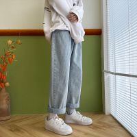 2021秋冬加绒新款日系百搭牛仔裤女学生宽松高腰阔腿新款直筒裤子 浅蓝白儿童款 建议110cm下的拍 S 80~90斤