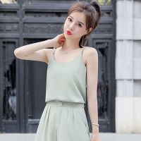 西装套装女三件套2021夏装新款垂感雪纺西服短裤小清新职业套装潮 3763单件绿色背心 M 建议[80-100斤]