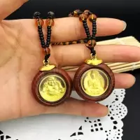 金泊观音佛吊坠男女项链 双面佛像女挂件桃木镶金吊坠 金箔双面观音项链