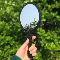 高清手柄化妆镜手拿美容院化妆镜子便携随身牙科复古花边单面小镜 黑色