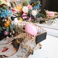 ins风创意粉扑迷你篮子美妆蛋架子粉扑晾晒支架金属化妆品收纳篮 金色 小车