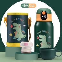新款智能显温儿童保温杯带吸管幼儿园宝宝水壶男女小学生卡通杯子 标配 不显温度-蓝色[三盖+杯套]