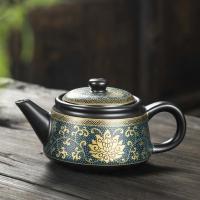 古典陶瓷茶壶家用中式亚光黑色描金单壶创意250ml功夫茶具泡茶壶 富贵满堂古典茶壶 250ml