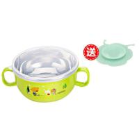 儿童不锈钢碗餐具小孩学吃饭防摔注水碗婴幼儿保温碗勺叉筷子套装 绿色-双柄碗[送吸盘] 套餐1[送吸盘]