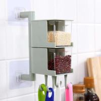 家用储物调味罐可旋转免打孔放糖放盐佐料盒厨房壁挂式调料盒多层 蓝色 二层壁挂式送两个勺