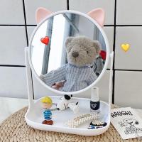 少女心桌面韩风ins台式化妆镜学生宿舍公主镜美容梳妆镜子带收纳 收纳耳朵化妆镜-白色