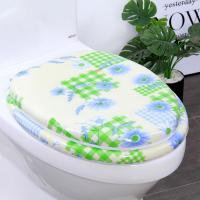 通用加厚马桶盖彩色坐便盖老式马桶盖马桶座圈木质泡沫坐便器盖板 U型蓝小菊花 钢杆