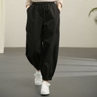 2021新款加厚哈伦九分休闲裤阔腿裤女抽绳松紧腰小脚束脚灯笼裤子 黑色 S 建议90-110斤