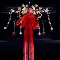 复古风头饰后压流苏飘带古装配饰发夹日常百搭少女仙气汉服发饰 红色弹簧夹后压一支 耳钩款(有耳洞)