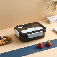 卡通分格保温饭盒可爱萌学生女便携午餐盒上班族微波炉密封便当盒 黑耀蓝 小号(两格1100ml) 饭盒+叉勺餐具