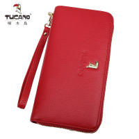 [头层牛皮]啄木鸟钱包女长款手拿包拉链真皮女包手包手腕包 金典红色