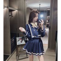 单件/套装 春秋新款韩版学院风上衣+高腰百褶裙两件套装女学生 蓝色套装 S 80-95斤
