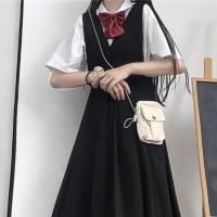 学院风两件套短袖衬衫背带连衣裙女学生韩版显瘦中长裙子单件套装 上衣(配蝴蝶结) [单件] S