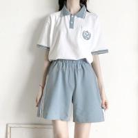 [短款二件套]夏季原宿学院风短袖T恤+短裤学生女套装棉质女制服 天蓝色 裤子 S 70-95斤内