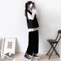 单/三件套装女2021韩版春秋新款宽松显瘦T恤学生马甲阔腿裤两件套 黑裤[单件] S [建议95斤内]