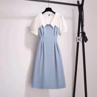 大码女装假两件泡泡袖裙子2021夏季新款微胖MM气质收腰显瘦连衣裙 蓝色 M 建议80-100