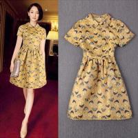 欧美高端女装明星周迅同款蘑菇印花小香风显瘦娃娃领连衣裙公主裙 黄色 S