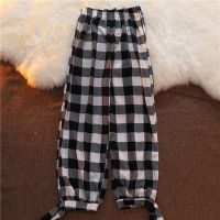 单套装女学生韩版宽松短袖t恤休闲绑带格子裤时尚两件套夏季ins潮 黑白八分格子裤[单件] S