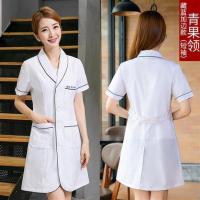 美容师美容院纹绣师工作服女皮肤管理白大褂医生服长袖短袖护士服 青果领藏蓝边短袖 XS