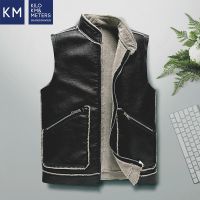 KM秋冬季PU皮马夹宽松休闲加绒加厚马甲男装胖子加大背心坎肩外套 黑色立领 皮马甲 L