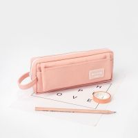 笔袋ins日系女生大容量多功能学生铅笔袋手拎简约小众韩版文具盒 藕粉[纯色手拎翻盖]