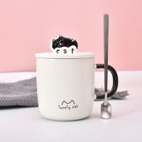 马克杯子带盖勺可爱少女小动物情侣款创意个性潮流一对陶瓷喝水杯 黑色支架猫 泡沫装(单杯无盖无勺)