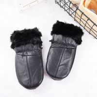 真皮冬季加厚保暖手套男羊皮毛一体棉手套连指手闷子男女骑车手套 黑色 普通